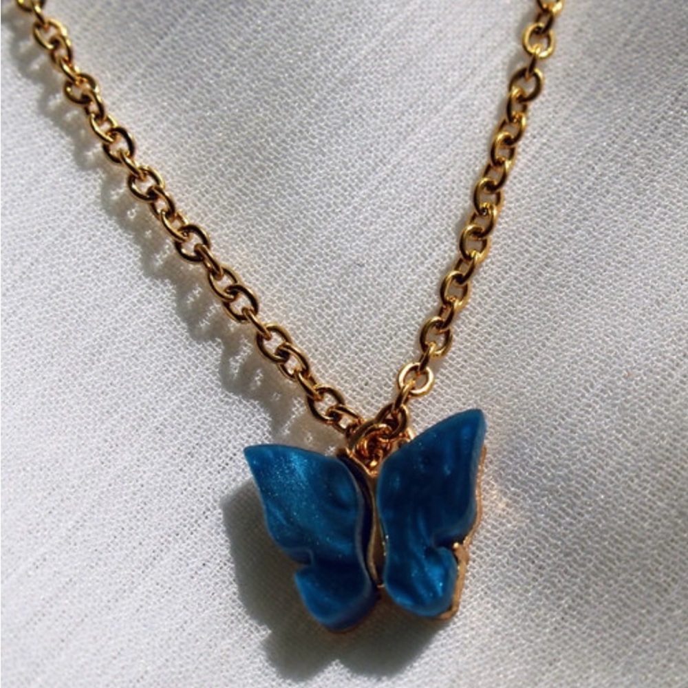 Blue Butterfly Pendant Stainless Steel Gold-Coloured Chain Necklace